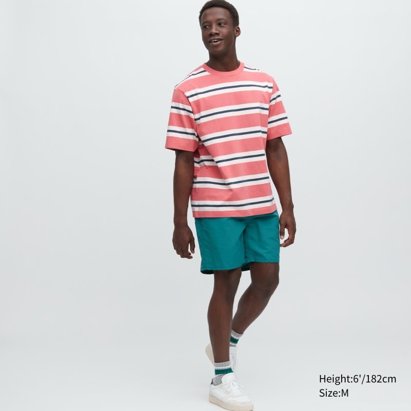 Pink Uniqlo Oversized Striped Half-sleeve Men T Shirts | 7025133