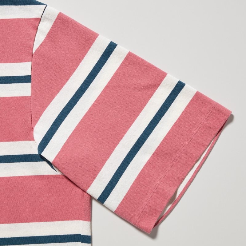 Pink Uniqlo Oversized Striped Half-sleeve Men T Shirts | 7025133