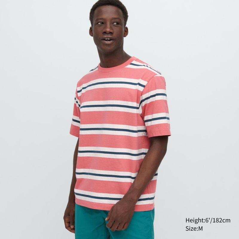 Pink Uniqlo Oversized Striped Half-sleeve Men T Shirts | 7025133