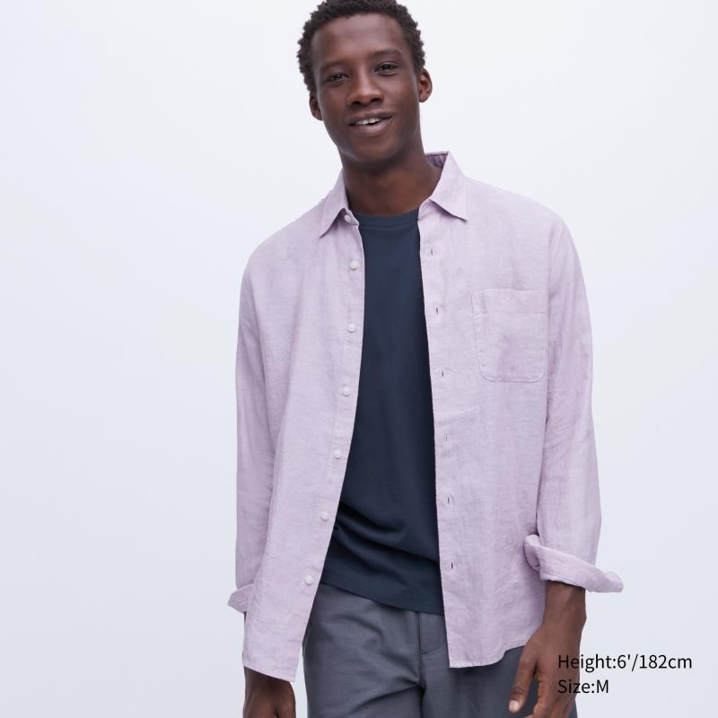 Pink Uniqlo Premium Linen Long-sleeve Men Shirts | 5221865