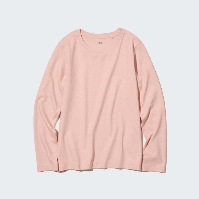 Pink Uniqlo Smooth Stretch Cotton Crew Neck Long-Sleeve Women T Shirts | 4167598