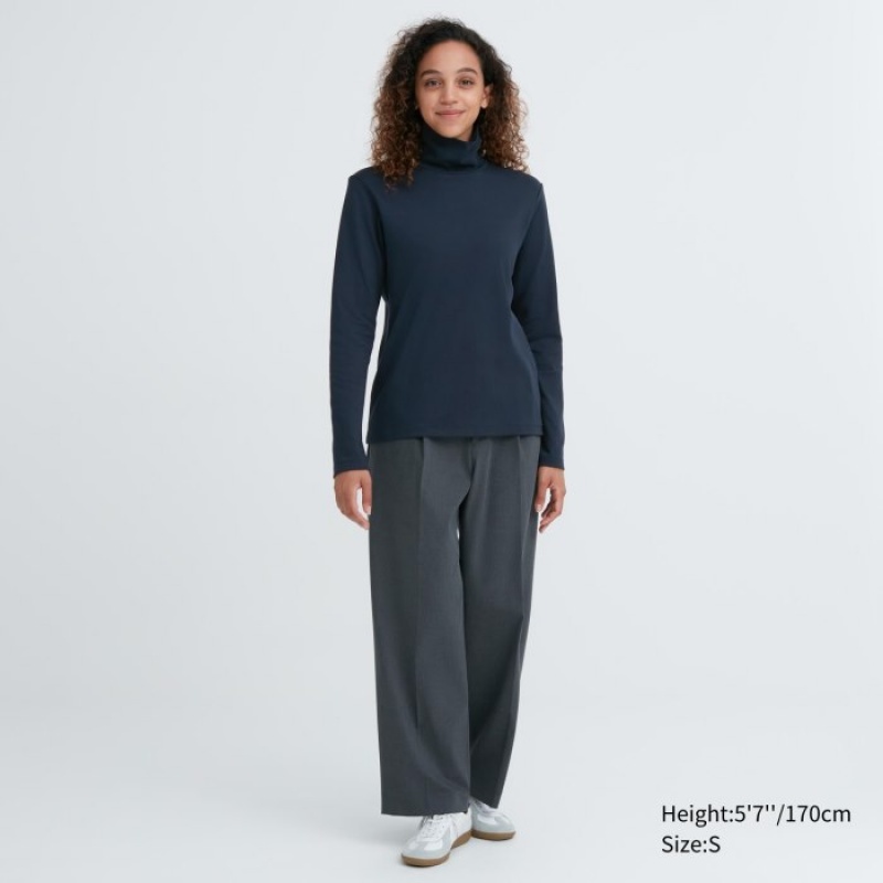 Pink Uniqlo Smooth Stretch Cotton Turtleneck Long-Sleeve Women T Shirts | 9650170