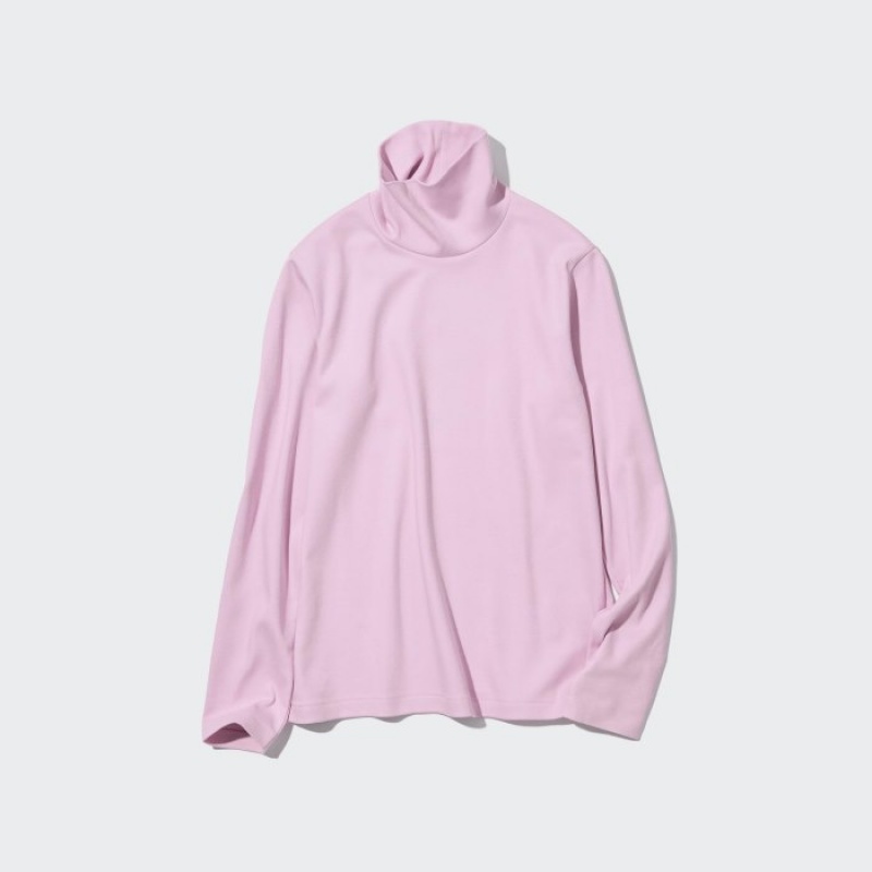 Pink Uniqlo Smooth Stretch Cotton Turtleneck Long-Sleeve Women T Shirts | 9650170