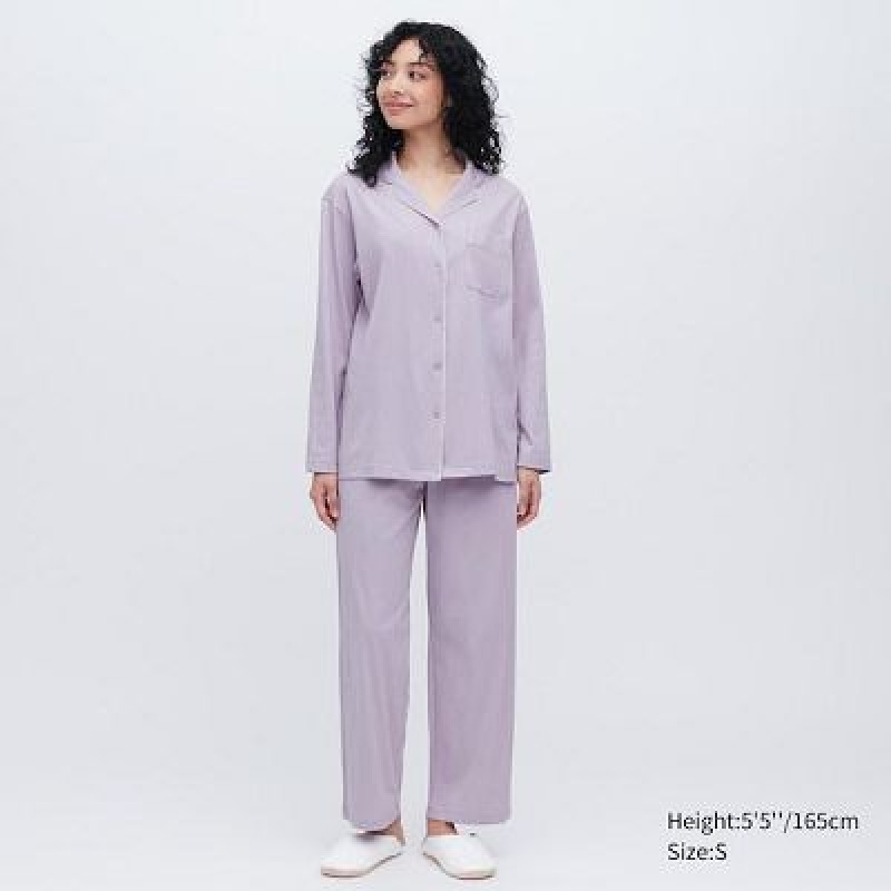 Purple Uniqlo AIRism Cotton Long-Sleeve Women Pajamas | 493656