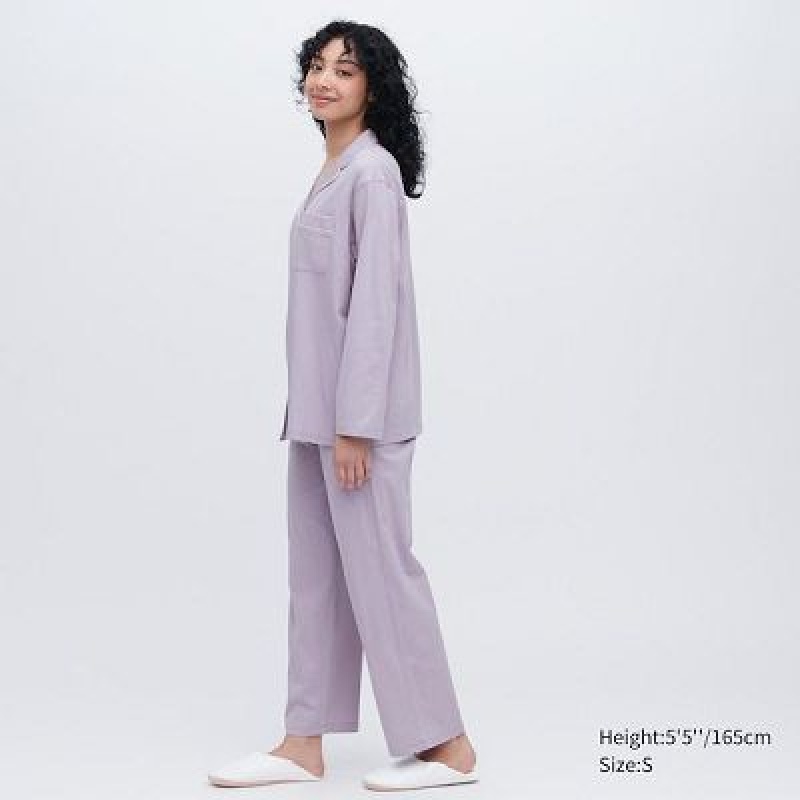Purple Uniqlo AIRism Cotton Long-Sleeve Women Pajamas | 493656