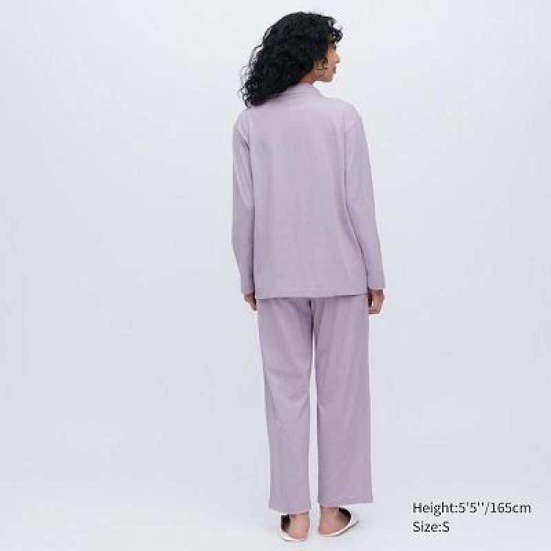 Purple Uniqlo AIRism Cotton Long-Sleeve Women Pajamas | 493656