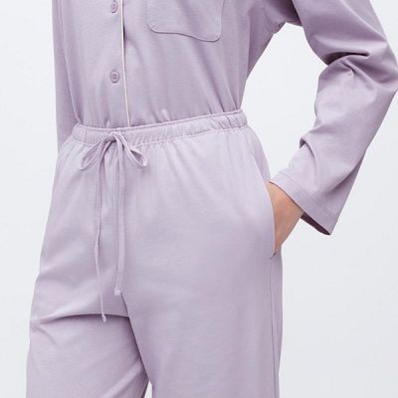 Purple Uniqlo AIRism Cotton Long-Sleeve Women Pajamas | 493656
