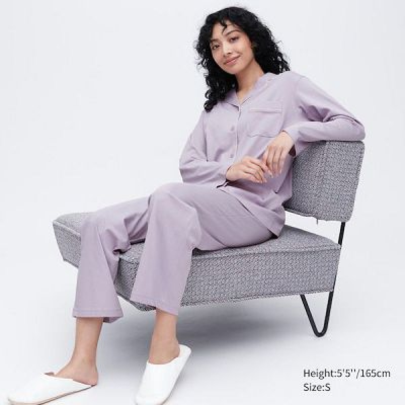 Purple Uniqlo AIRism Cotton Long-Sleeve Women Pajamas | 493656