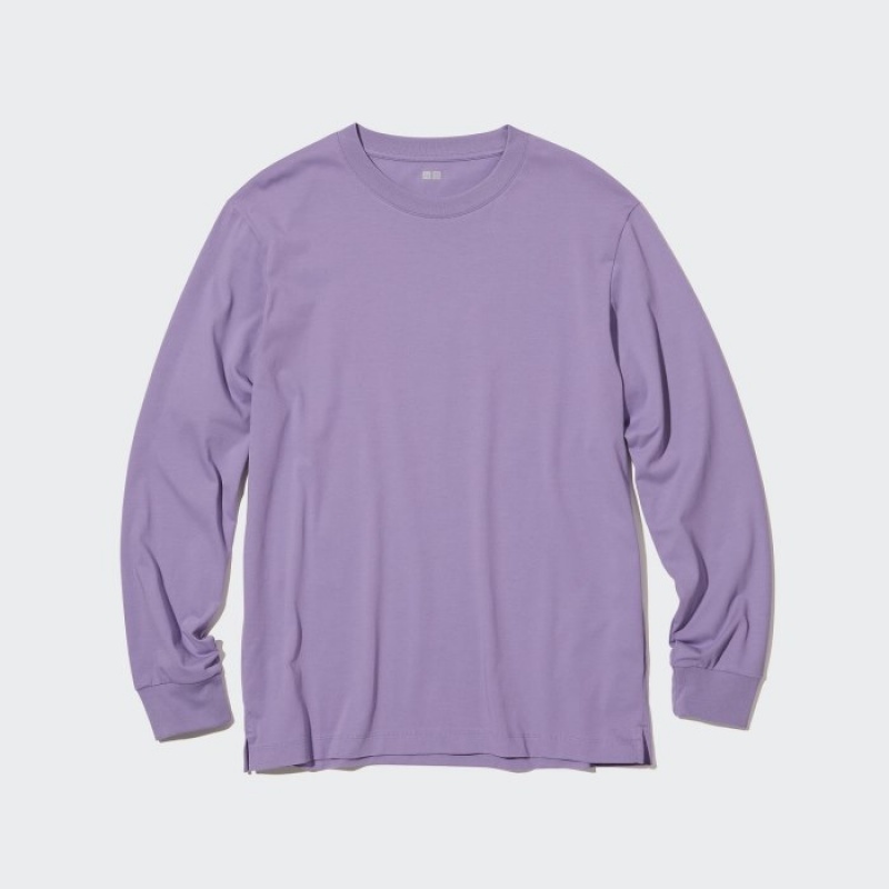 Purple Uniqlo Airism Cotton Uv Protection Crew Neck Long-sleeve Women T Shirts | 4592425