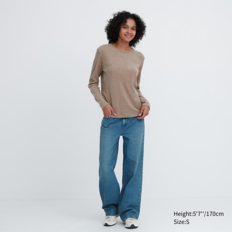 Purple Uniqlo HEATTECH Fleece Crew Neck Long-Sleeve Women T Shirts | 6593514