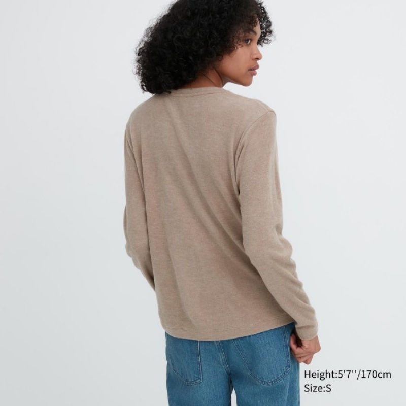 Purple Uniqlo HEATTECH Fleece Crew Neck Long-Sleeve Women T Shirts | 6593514