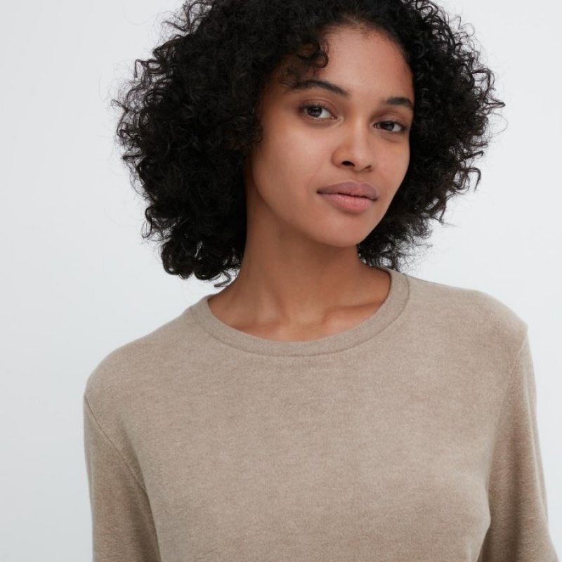 Purple Uniqlo HEATTECH Fleece Crew Neck Long-Sleeve Women T Shirts | 6593514