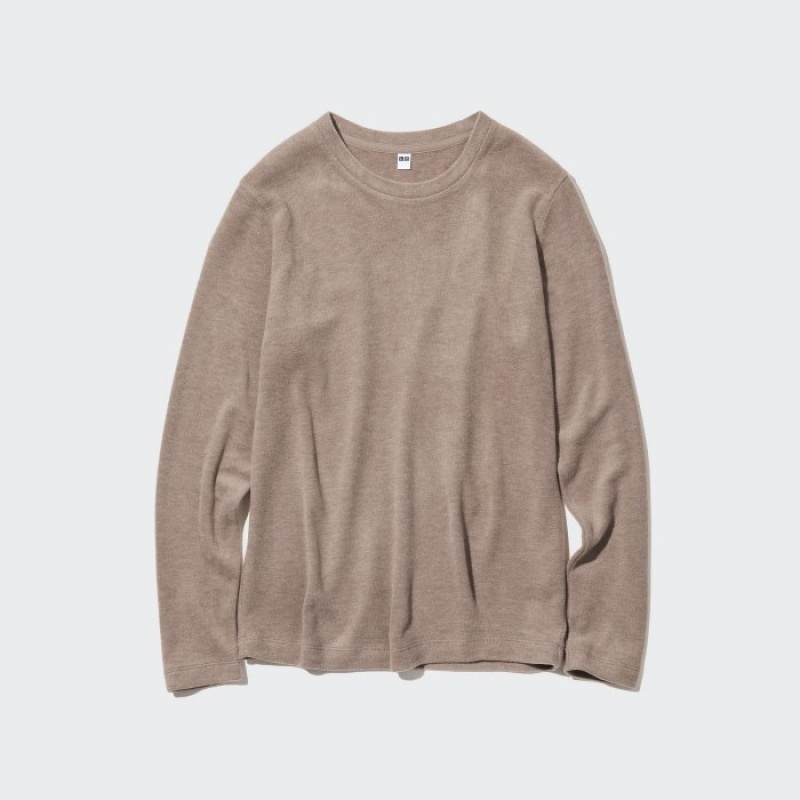 Purple Uniqlo HEATTECH Fleece Crew Neck Long-Sleeve Women T Shirts | 6593514
