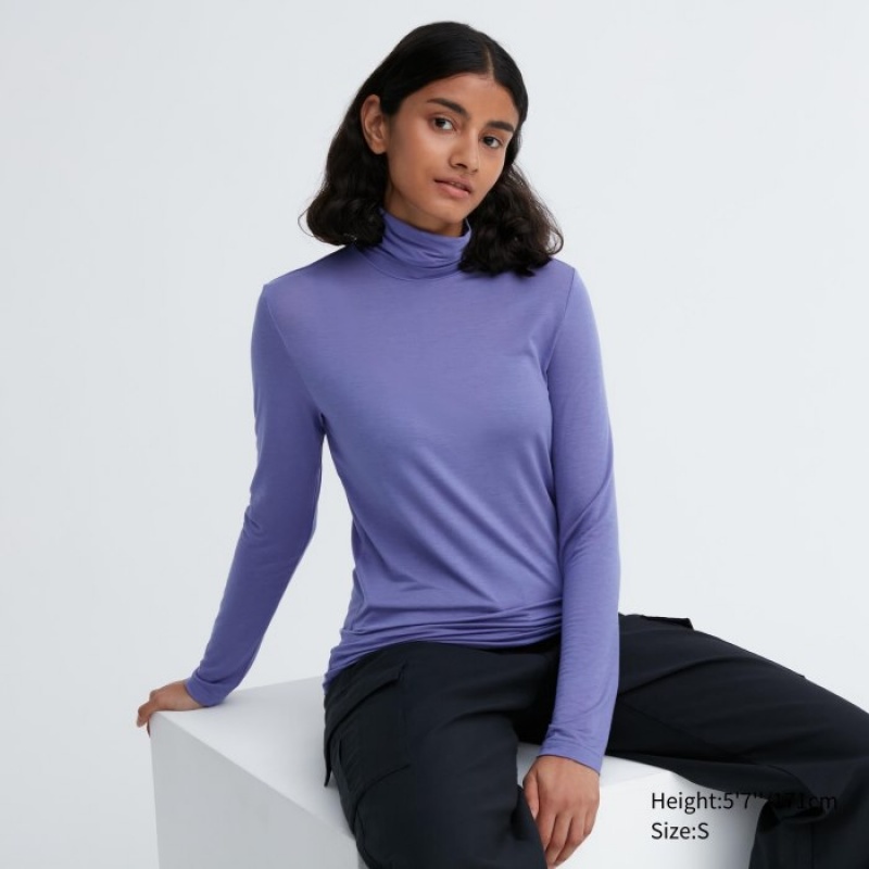 Purple Uniqlo HEATTECH Ultra Light Turtleneck Long-Sleeve Women T Shirts | 123039