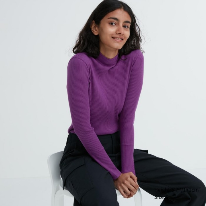 Purple Uniqlo Ribbed High Neck Long-Sleeve Women T Shirts | 9591574