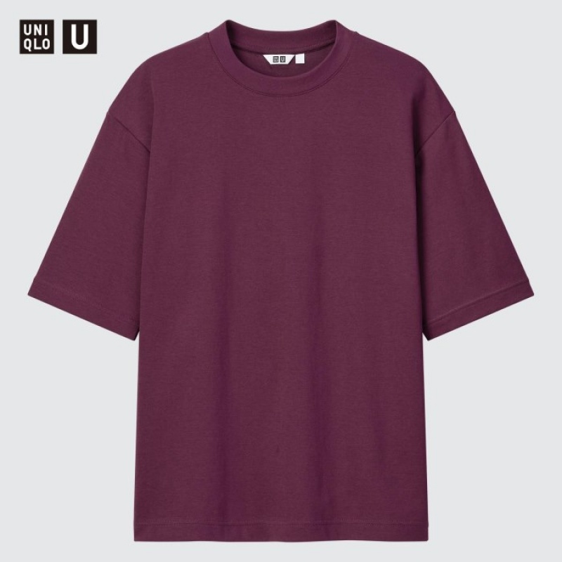 Purple Uniqlo U AIRism Cotton Oversized Crew Neck Half-Sleeve Women T Shirts | 2591837