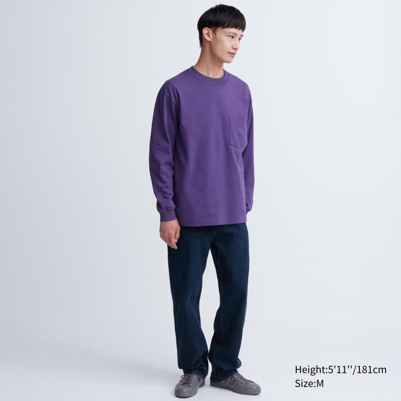 Purple Uniqlo Washed Cotton Crew Neck Long-sleeve Men T Shirts | 5698682