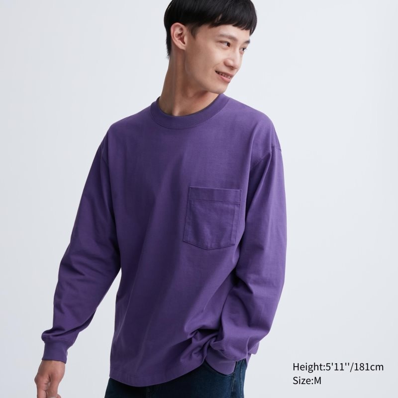Purple Uniqlo Washed Cotton Crew Neck Long-sleeve Men T Shirts | 5698682