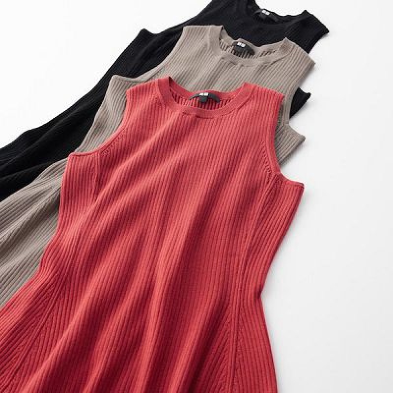 Red Uniqlo Cotton Blend Knit Sleeveless Women Dress | 1713108