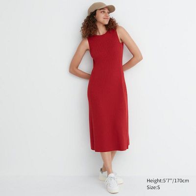 Red Uniqlo Cotton Blend Knit Sleeveless Women Dress | 1713108