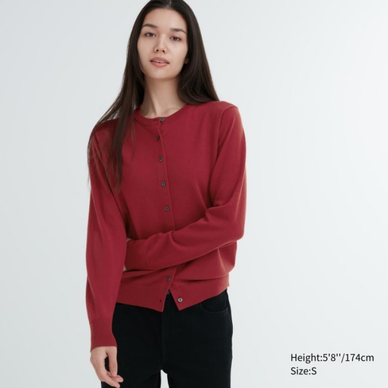 Red Uniqlo Extra Fine Merino Crew Neck Women Cardigan | 3085227