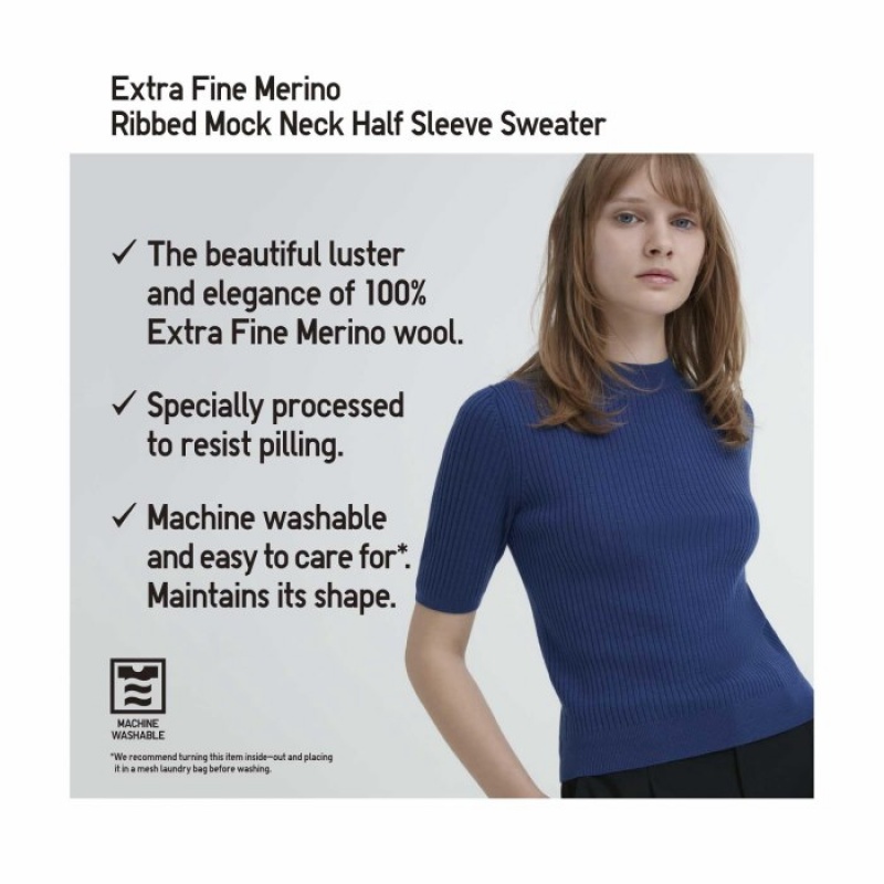 Red Uniqlo Extra Fine Merino Ribbed Mock Neck Half-Sleeve Women Sweaters | 682398