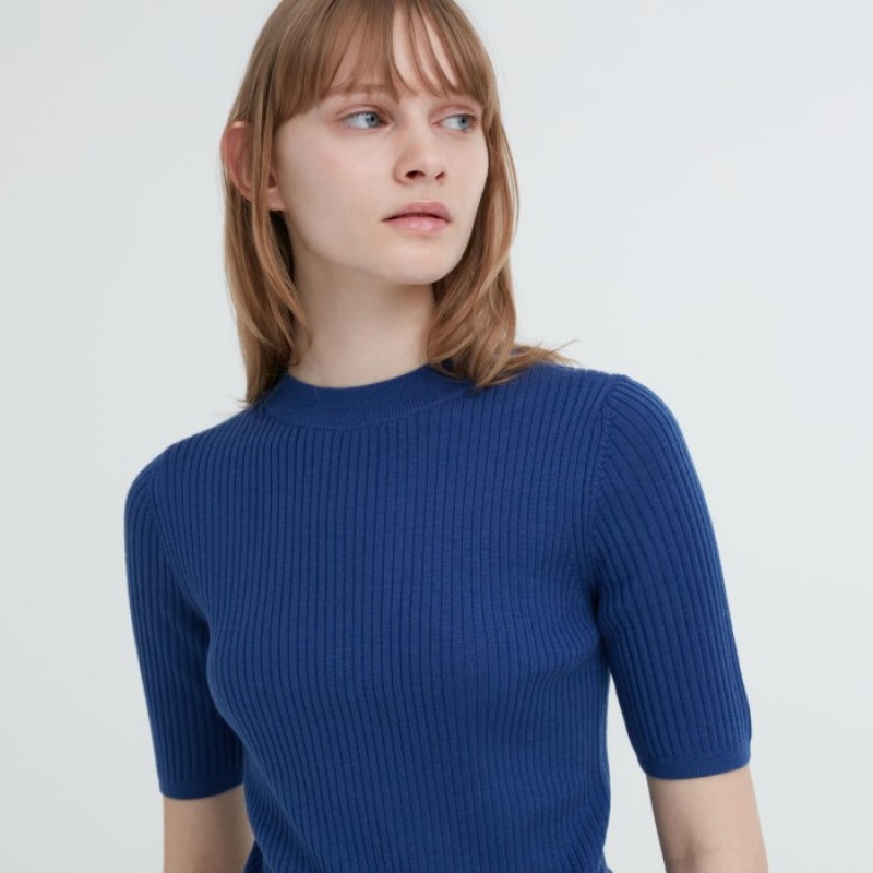 Red Uniqlo Extra Fine Merino Ribbed Mock Neck Half-Sleeve Women Sweaters | 682398