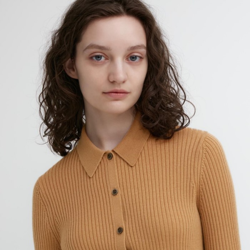 Red Uniqlo Extra Fine Merino Ribbed Polo Women Cardigan | 7949612