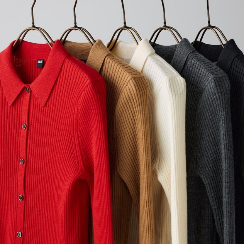 Red Uniqlo Extra Fine Merino Ribbed Polo Women Cardigan | 7949612