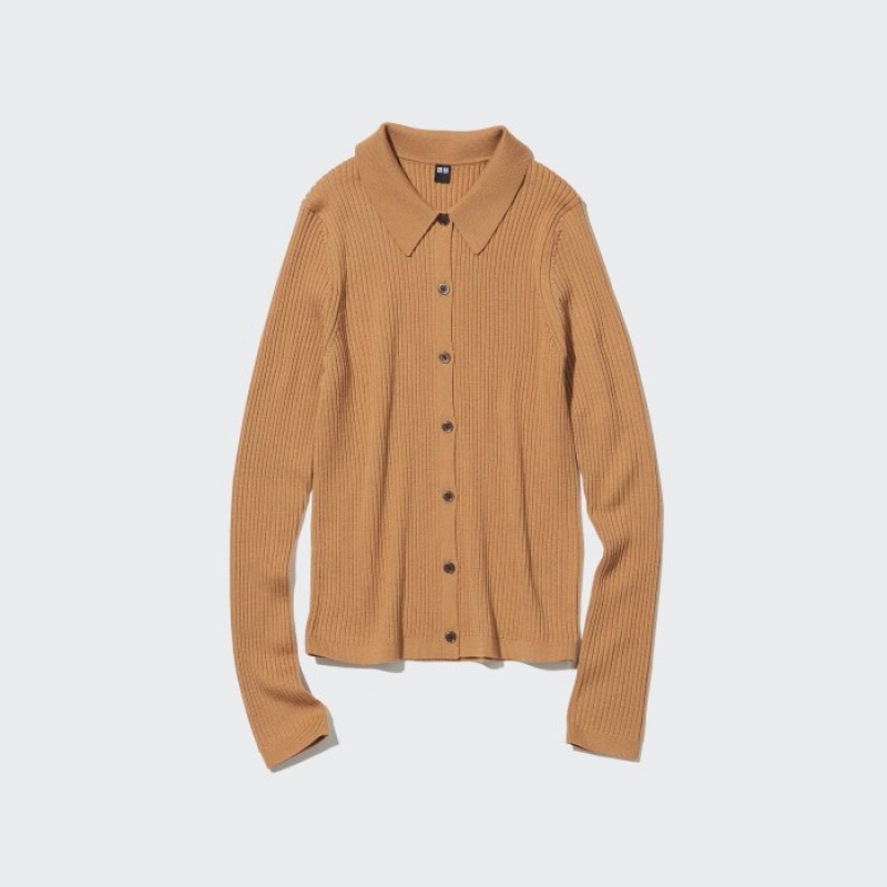 Red Uniqlo Extra Fine Merino Ribbed Polo Women Cardigan | 7949612
