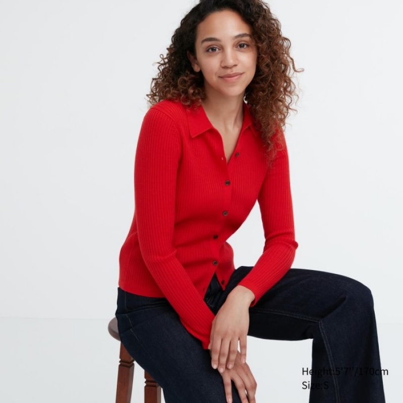 Red Uniqlo Extra Fine Merino Ribbed Polo Women Cardigan | 7949612