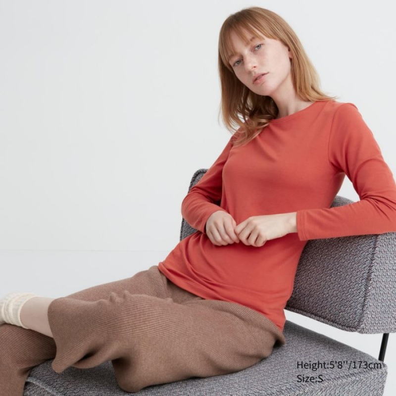 Red Uniqlo HEATTECH Cotton Crew Neck Long-Sleeve Women T Shirts | 2213892