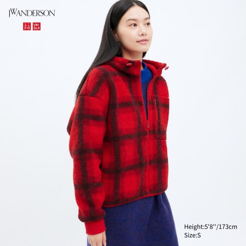 Red Uniqlo Pile Lined Fleece Printed Full-Zip Women Hoodie | 2718872