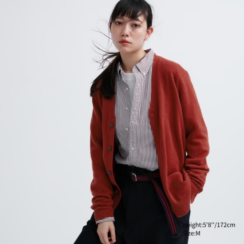 Red Uniqlo Premium Lambswool V-Neck Women Cardigan | 3336632