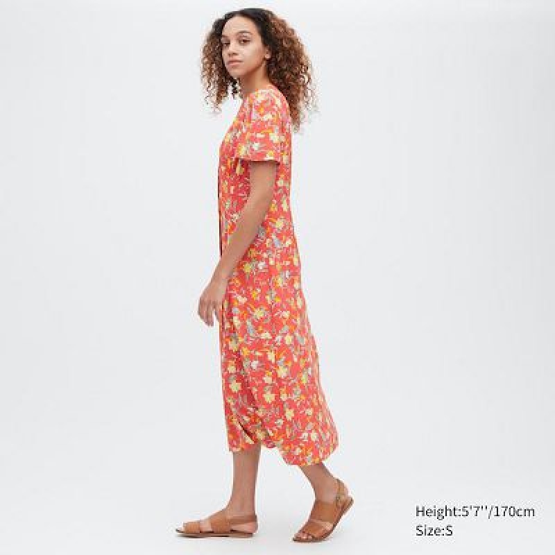Red Uniqlo Printed V-Neck Short-Sleeve Flare Women Dress | 4538727
