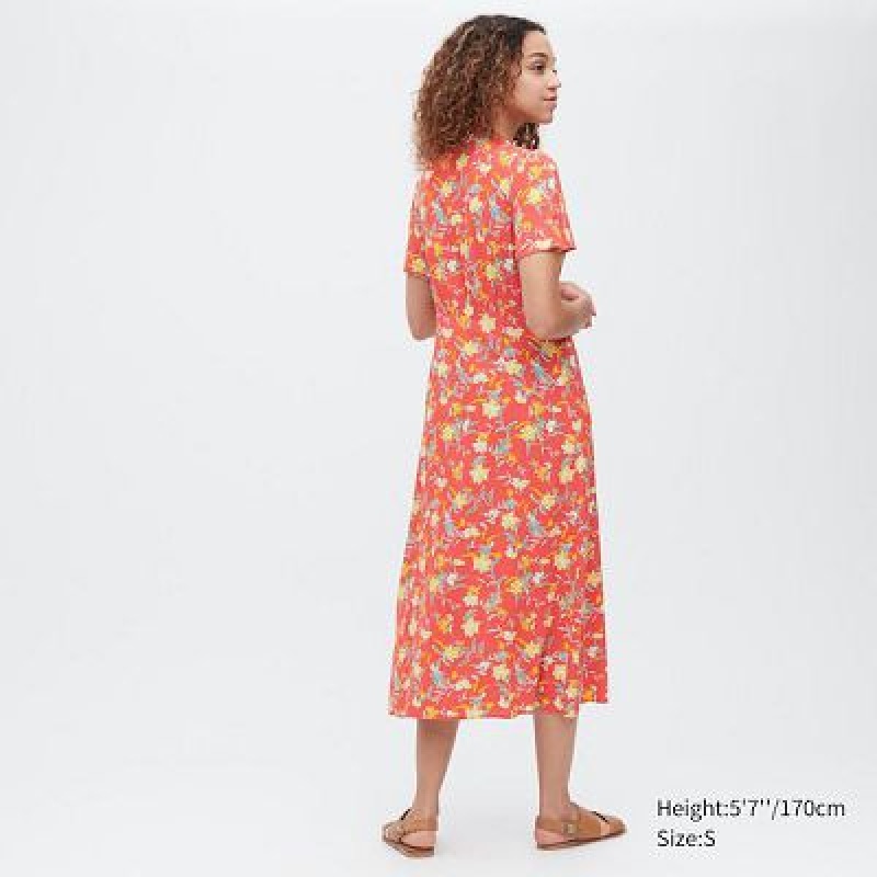 Red Uniqlo Printed V-Neck Short-Sleeve Flare Women Dress | 4538727