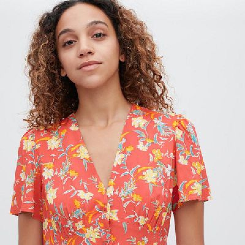 Red Uniqlo Printed V-Neck Short-Sleeve Flare Women Dress | 4538727