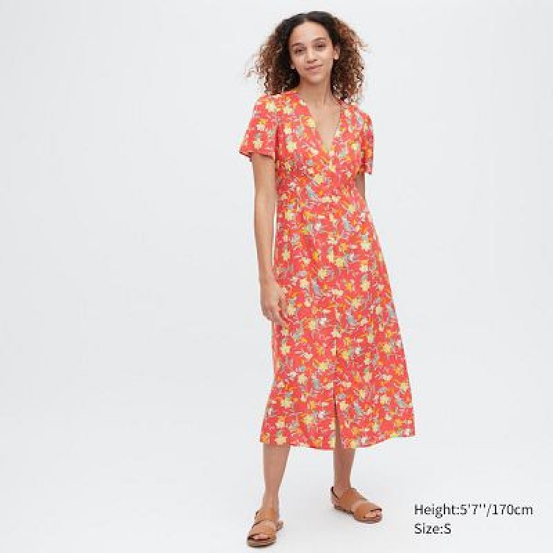 Red Uniqlo Printed V-Neck Short-Sleeve Flare Women Dress | 4538727
