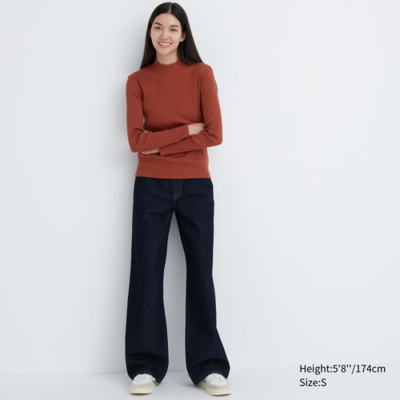 Red Uniqlo Ribbed High Neck Long-Sleeve Women T Shirts | 1154938