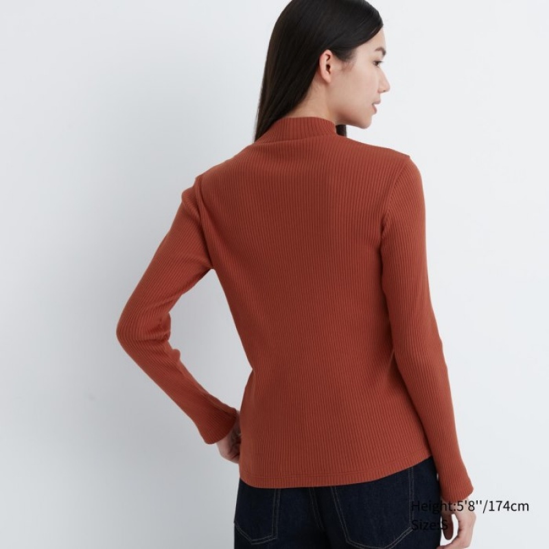 Red Uniqlo Ribbed High Neck Long-Sleeve Women T Shirts | 1154938