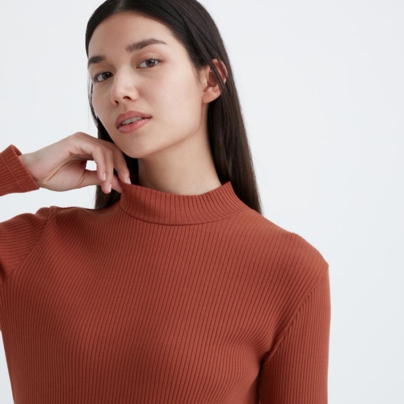 Red Uniqlo Ribbed High Neck Long-Sleeve Women T Shirts | 1154938