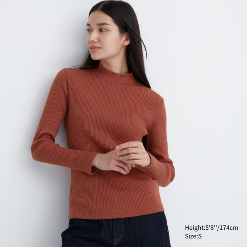 Red Uniqlo Ribbed High Neck Long-Sleeve Women T Shirts | 1154938