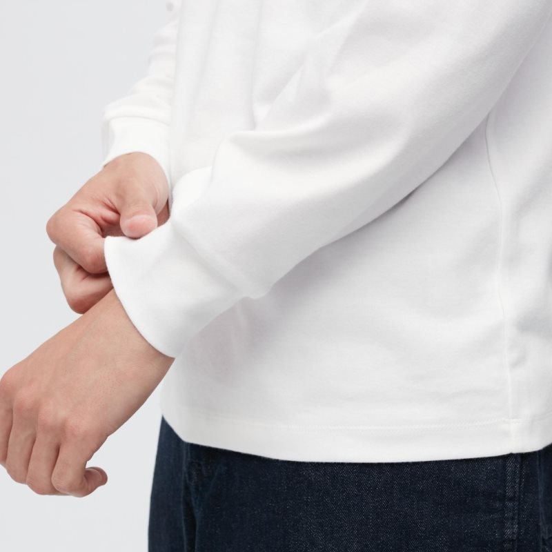 White Uniqlo Brushed Cotton Crew Neck Long-sleeve Men T Shirts | 670069