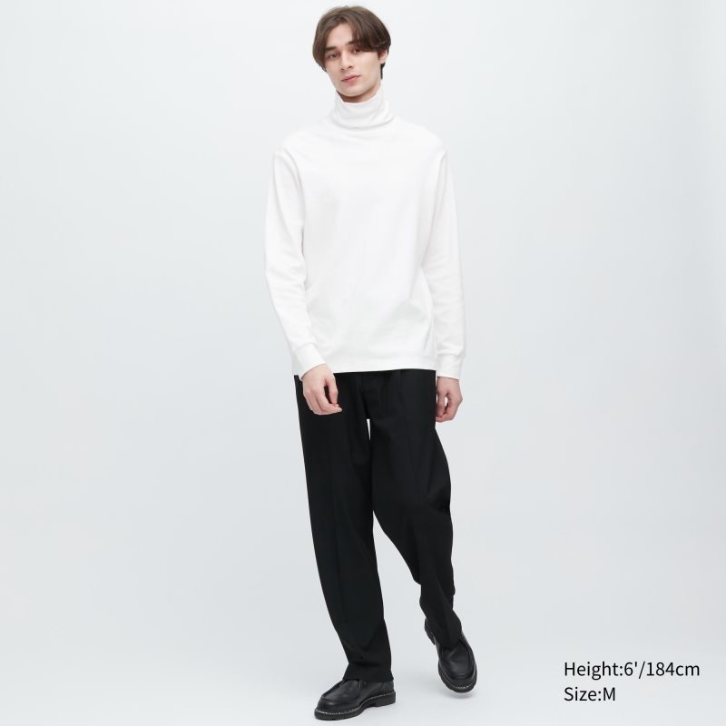 White Uniqlo Brushed Cotton Turtleneck Long-sleeve Men T Shirts | 7310965