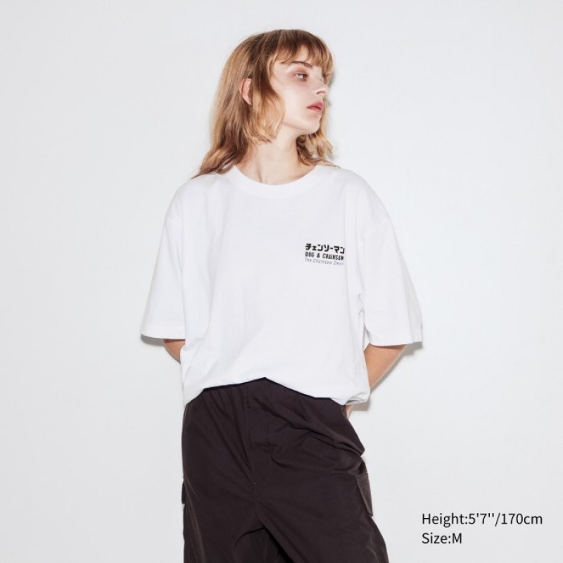 White Uniqlo Chainsaw Man × Kosuke Kawamura UT Oversized Short-Sleeve Pochita Women T Shirts | 2970881