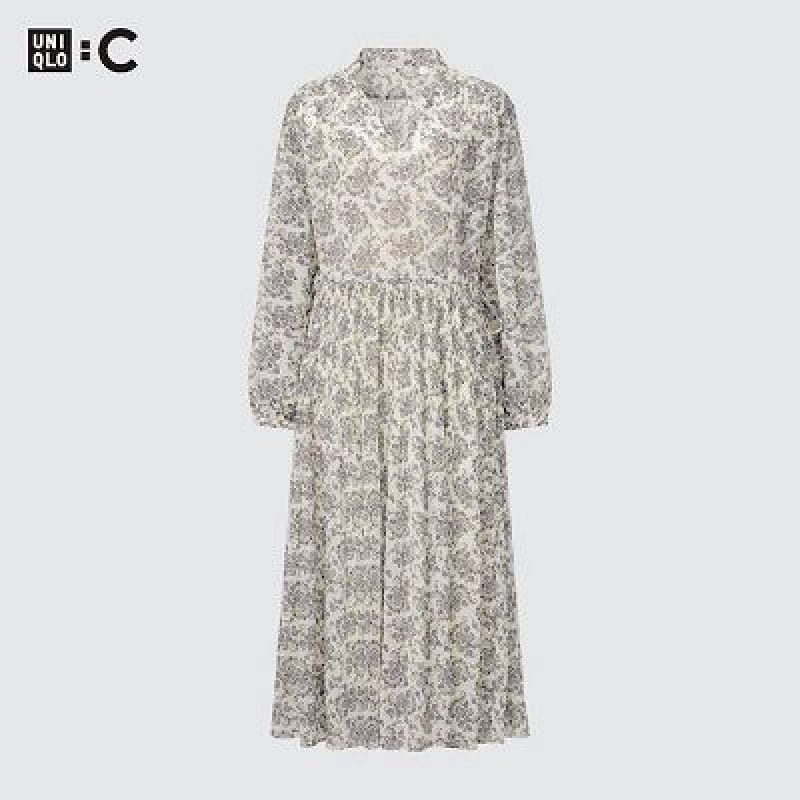 White Uniqlo Chiffon Pleated Long-Sleeve Women Dress | 8032277