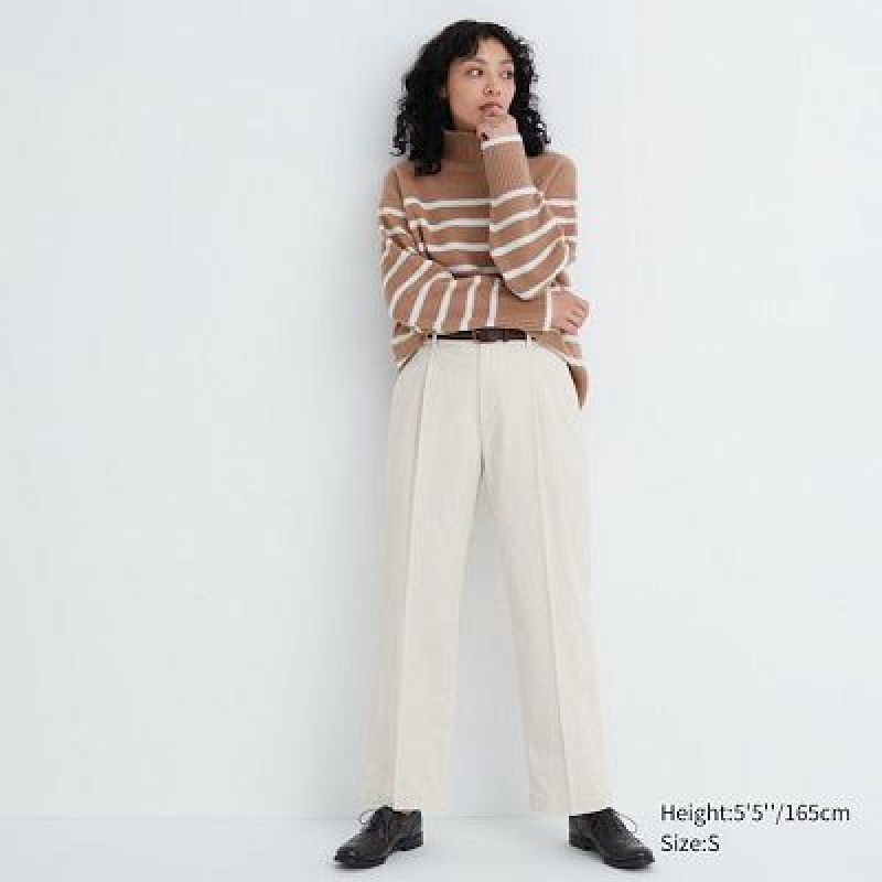 White Uniqlo Corduroy Wide-Fit Pleated Women Pants | 7362058