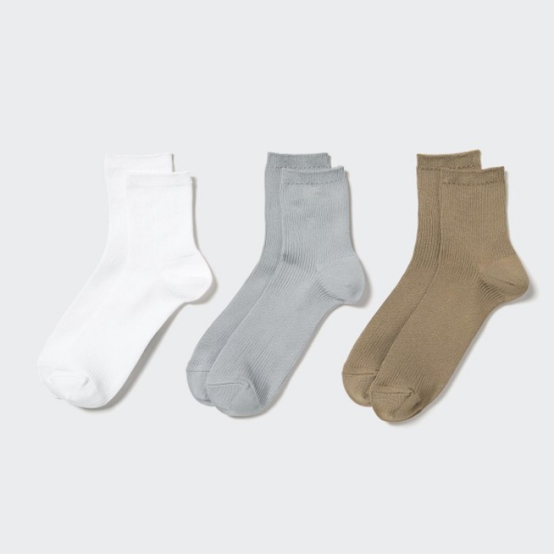 White Uniqlo Crew Ribbed (3 Pairs) Women Socks | 9339540