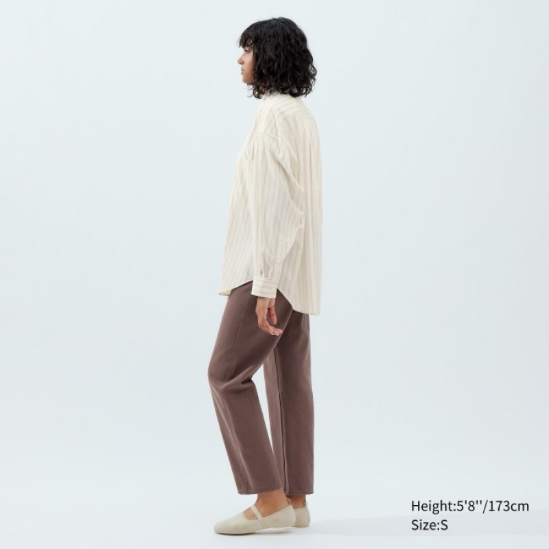 White Uniqlo Draped Striped Long-Sleeve Women Shirts | 3350482