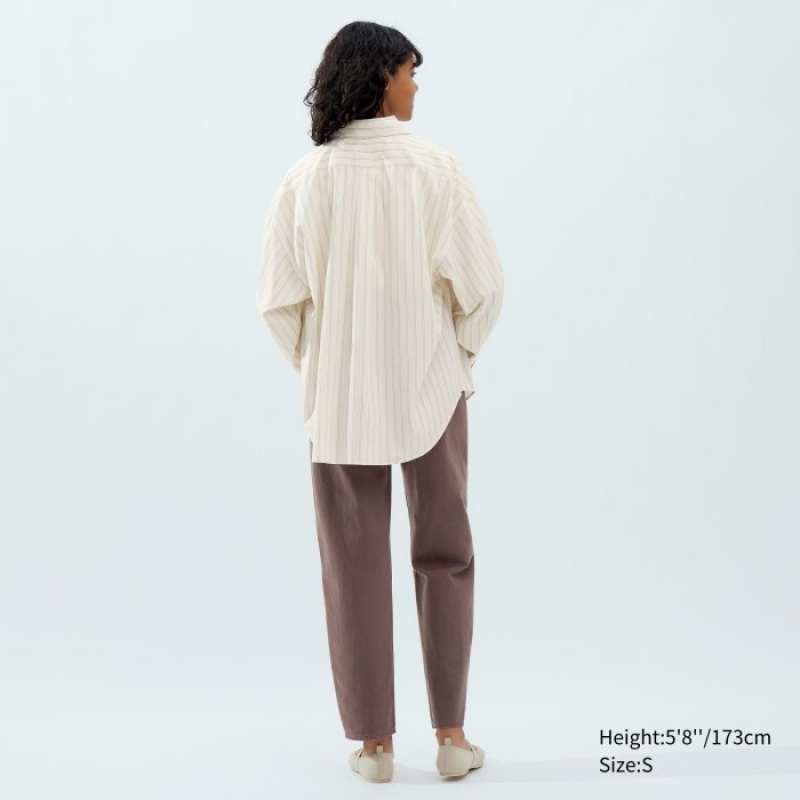 White Uniqlo Draped Striped Long-Sleeve Women Shirts | 3350482
